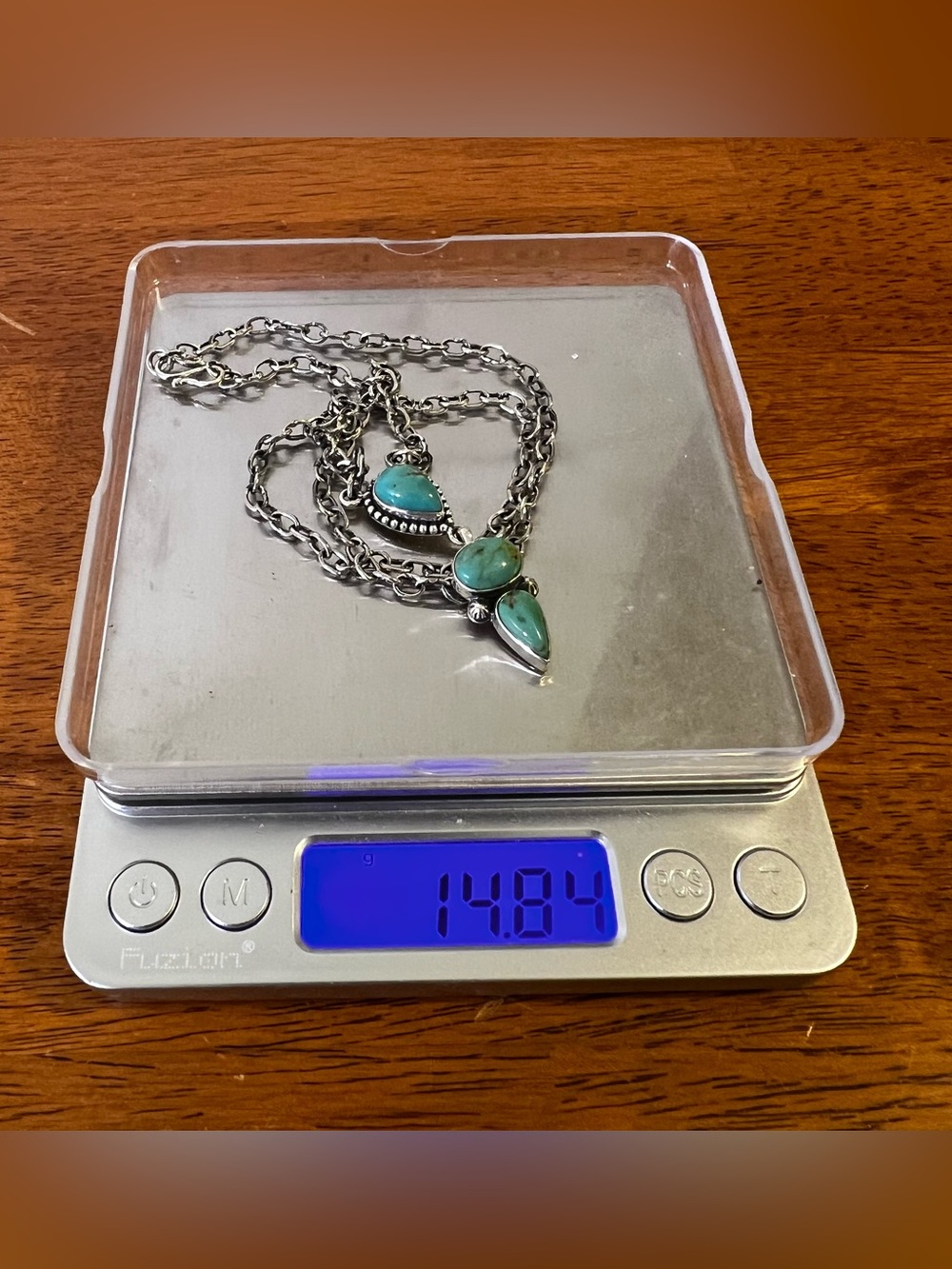 Kingman Turquoise Drop Necklace Sterling Silver 3 Stone Pendant | Southwestern - Picture 14 of 14